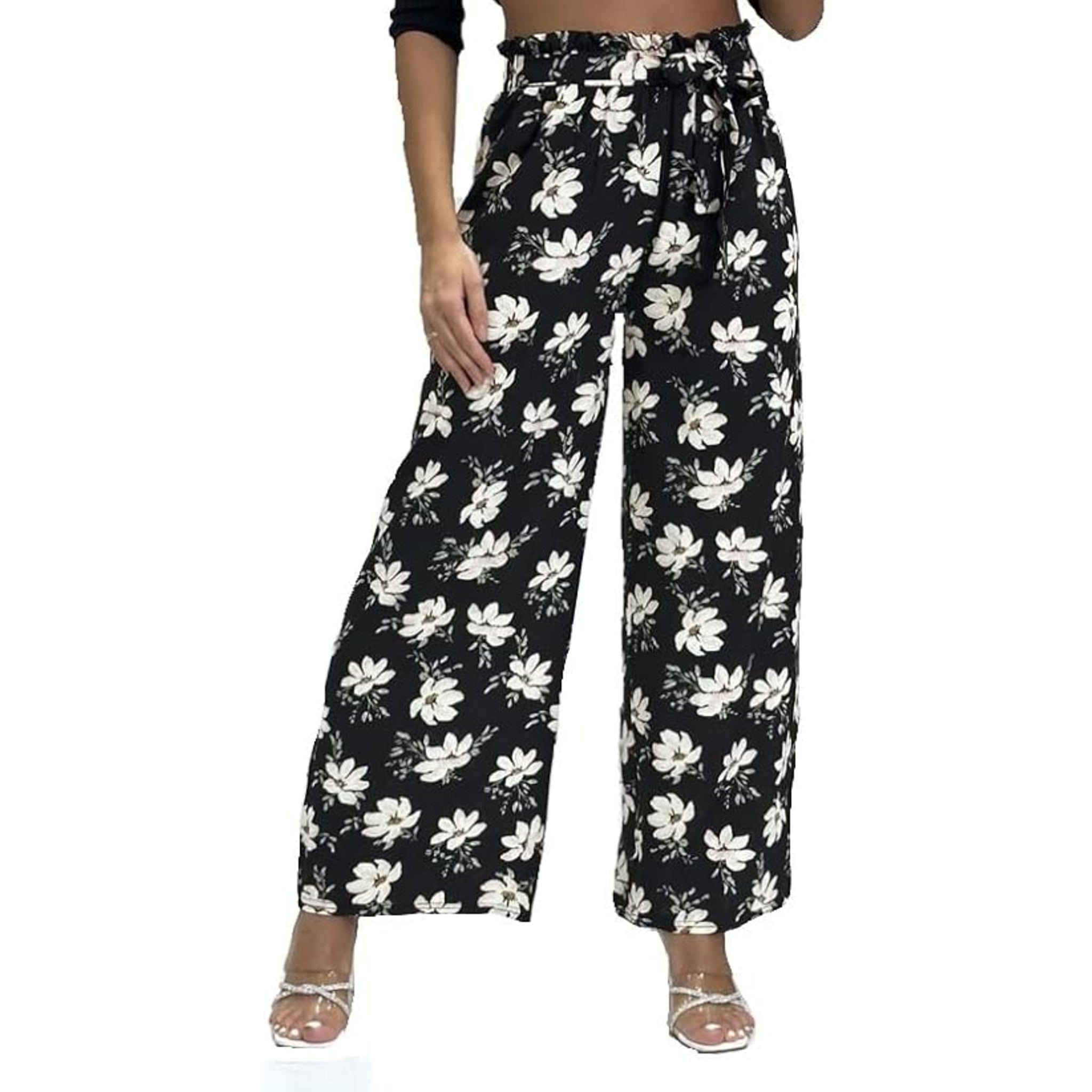Ladies black floral summer trousers wide leg lightweight casual holiday pants with belt